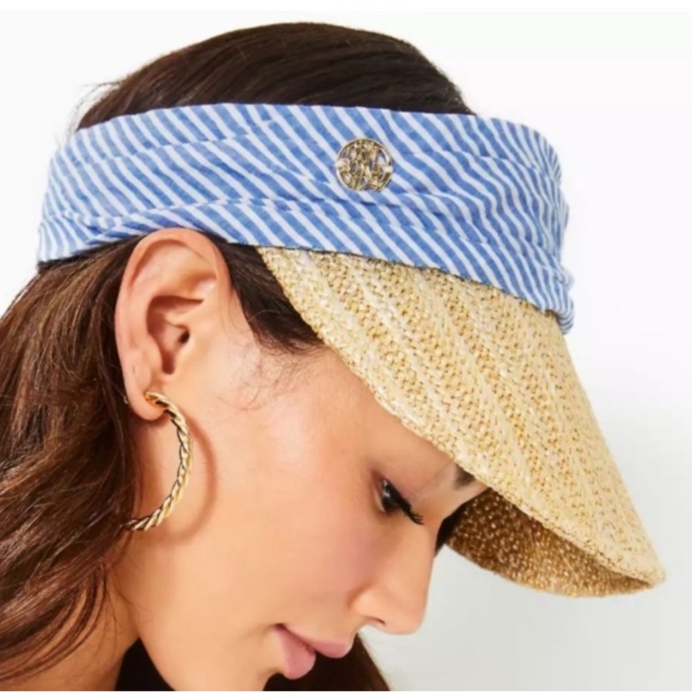Lilly Pulitzer For Shore Visor Coastal Blue Gold Oxford Stripe Hat One Size NEW - Picture 2 of 14